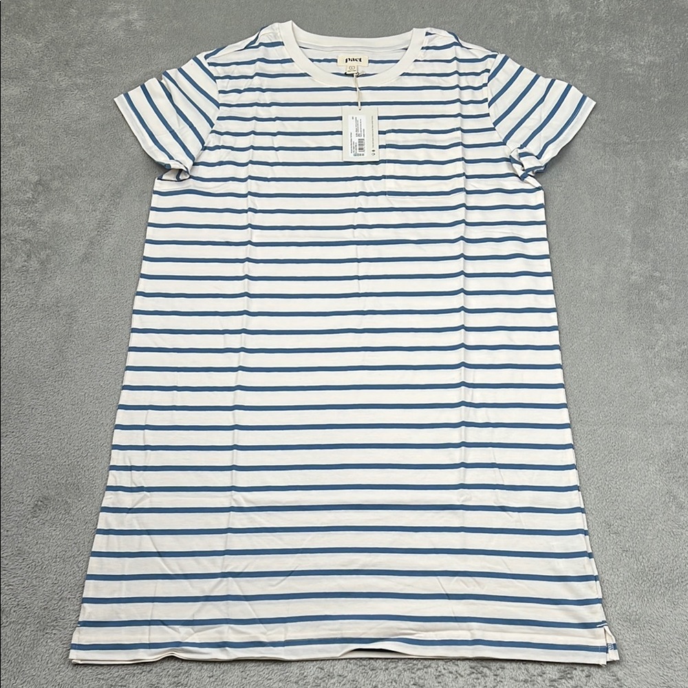NEW PACT L 100% Organic Cotton Blue White Paris‎ Stripe Softspun T Shirt Dress